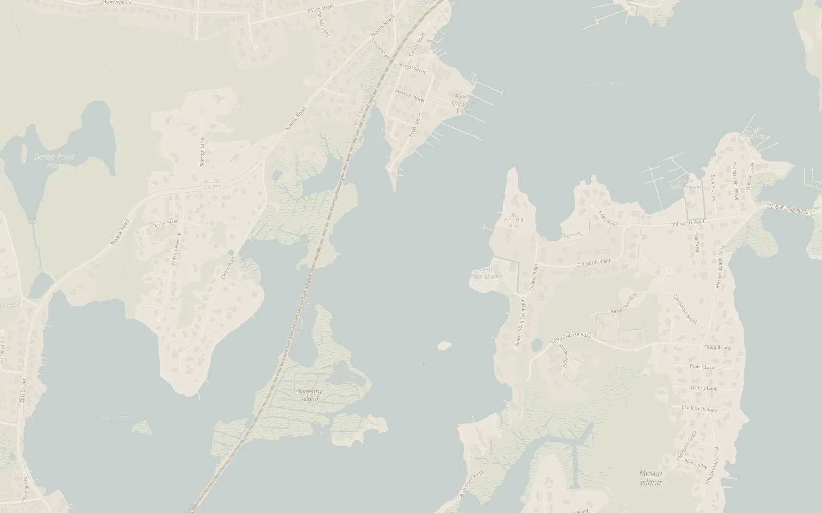 A muted neighbourhood map of Willow Point in Mystic, Connecticut, the residence marked near the head of the point where the river opens to the sound.